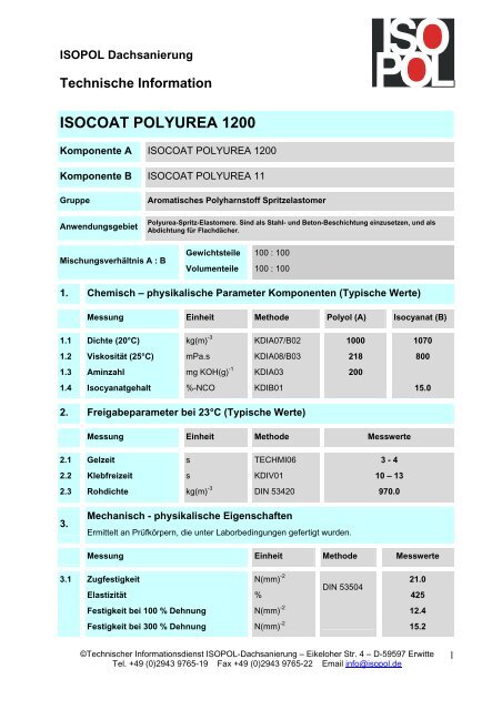 Technische Daten ISOCOAT-POLYUREA - Dachsanierung