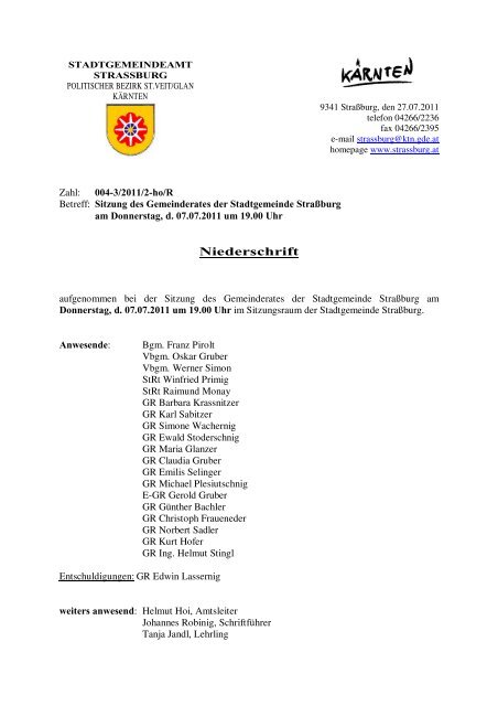 Protokoll der Gemeinderatssitzung am 7.7.2011