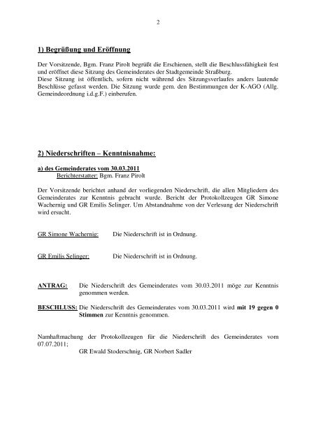 Protokoll der Gemeinderatssitzung am 7.7.2011