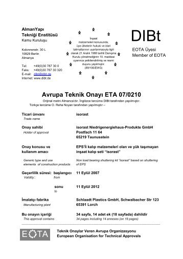 Avrupa Teknik Onayı ETA 07/0210