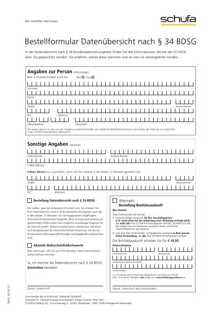 Schufa auskunft bestellformular datenübersicht nach § 34 bdsg