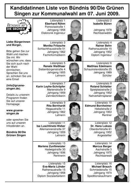 Kandidatinnen Liste von Bündnis 90/Die Grünen Singen - haben