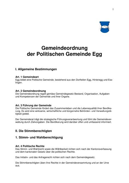 Gemeindeordnung der Politischen Gemeinde Egg (pdf, 97.62 kb