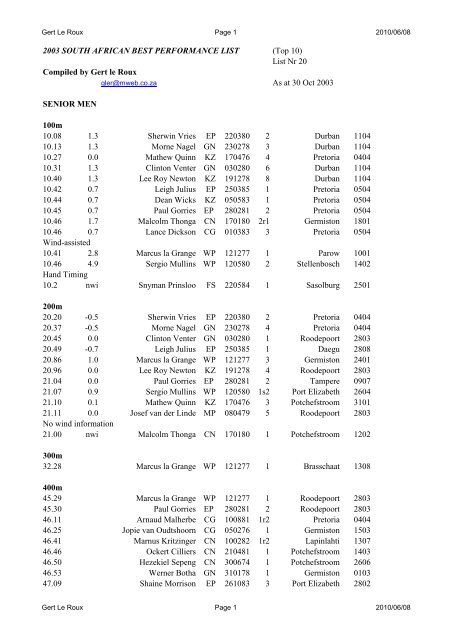 2003 National Top 10 Senior List - Athletics South Africa