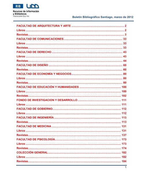 Boletín Bibliográfico Santiago, marzo de 2012 ... - Biblioteca UDD