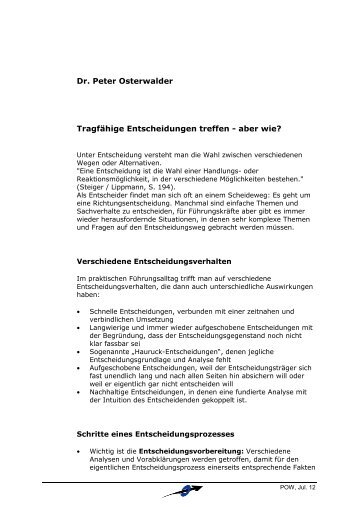 Dr. Peter Osterwalder Tragfähige Entscheidungen treffen - aber wie?