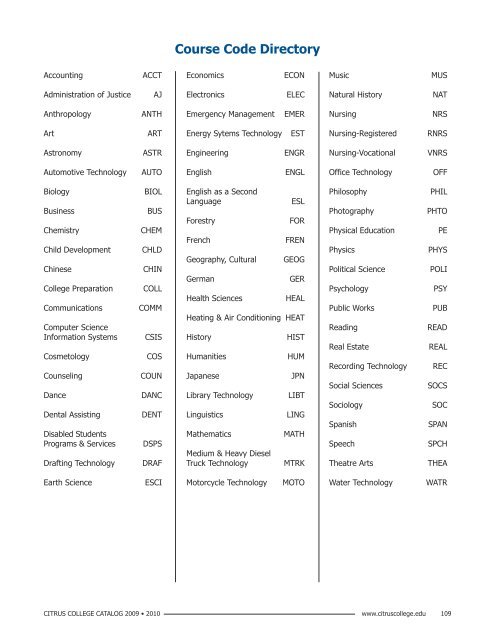 Citrus College Catalog 2009-2010 (ver. 10/22