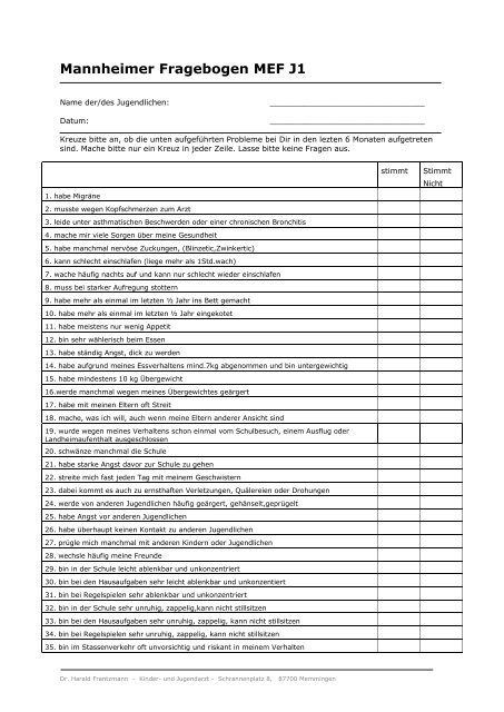 Mannheimer Fragebogen MEF J1 - Praxis Dr.  Frantzmann