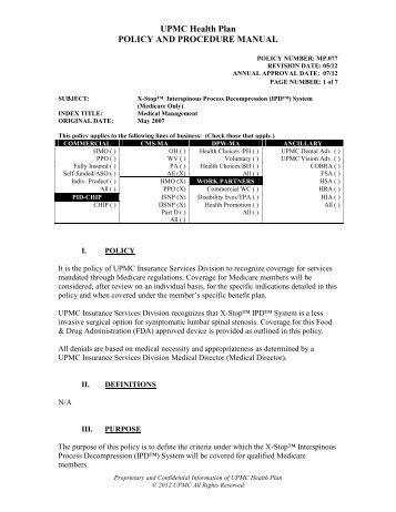 X-Stop TM Interspinous Process Decompression - UPMC Health Plan