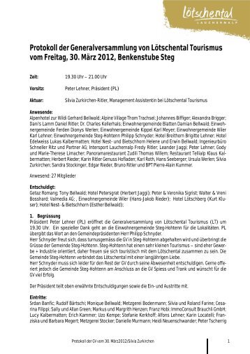 Protokoll der Generalversammlung von Lötschental Tourismus vom ...