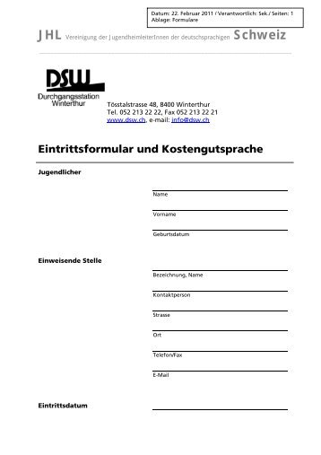 Eintrittsformular und Kostengutsprache - Durchgangsstation Winterthur