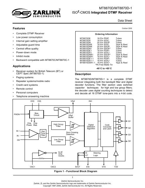 MT8870DE1-1 - Zarlink Semiconductor