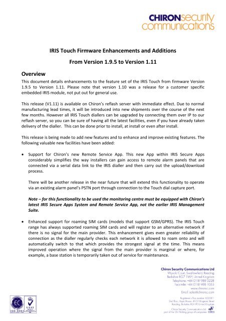 IRIS Touch Firmw.. - Chiron Security Communications