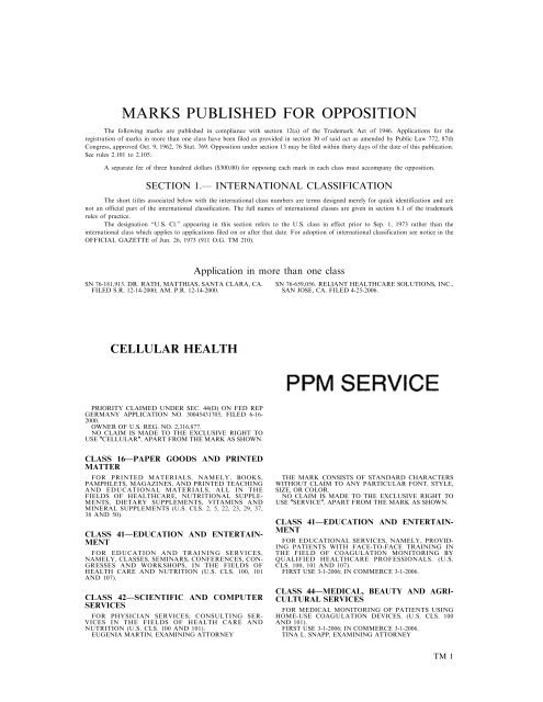 marks published for opposition - U.S. Patent and Trademark Office