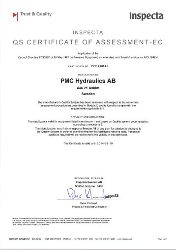 INSPECTA QS CERTIFICATE OF ASSESSMENT-EC - Hydraulics