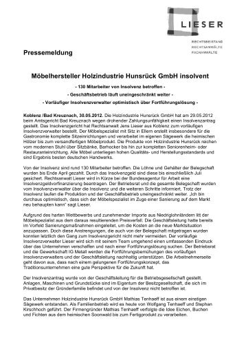 30.05.2012 Möbelhersteller Holzindustrie Hunsrück GmbH insolvent