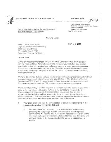 FDA Warning Letter to Harry D. Bear, M.D., Ph.D. 2002-09-27 - Circare
