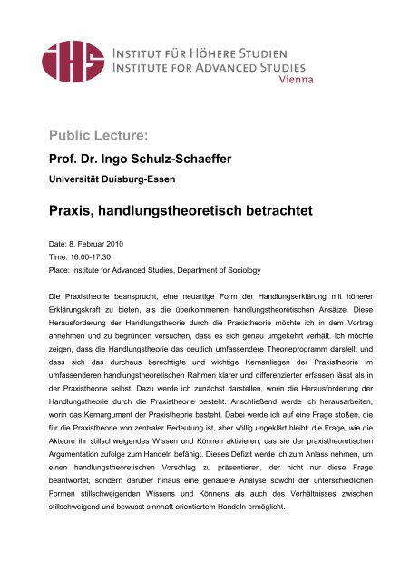 Public Lecture: Prof. Dr. Ingo Schulz-Schaeffer - Institute for ...