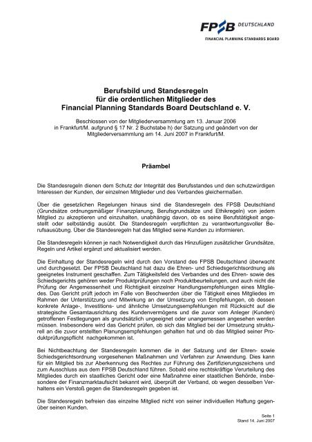 Berufsbild und Standesregeln - Financial Planning Standards Board ...