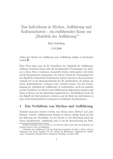 Das Individuum in Mythos, Aufklärung und Kulturindustrie - ein ...