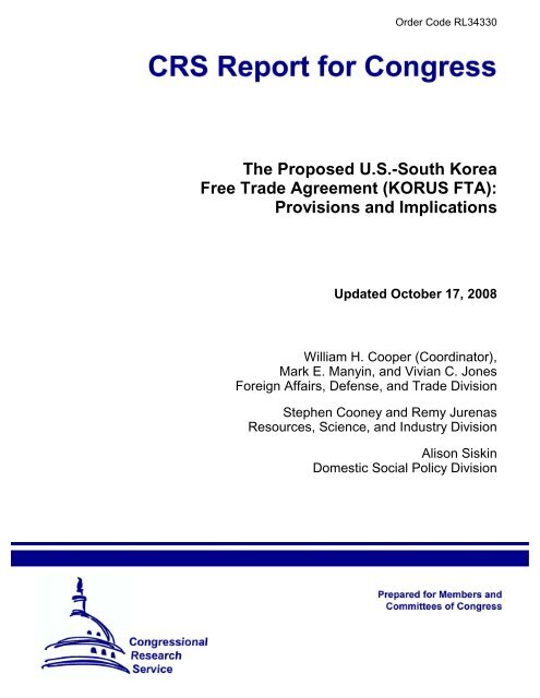 The Proposed U.S.-South Korea Free Trade Agreement (KORUS ...