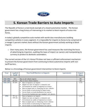 S. Korean Trade Barriers to Auto Imports - Ford Motor Company