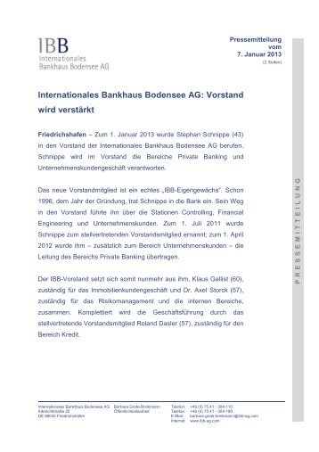 Vorstand wird verstärkt - IBB - Internationales Bankhaus Bodensee AG