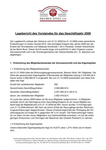 Lagebericht Vorstand WBG Bremer Höhe eG 2009