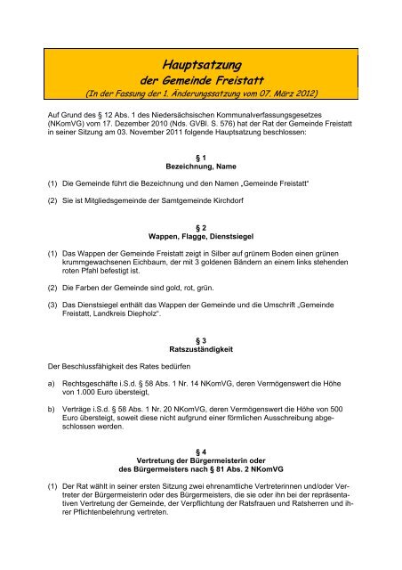 Hauptsatzung der Gemeinde Freistatt - Samtgemeinde Kirchdorf