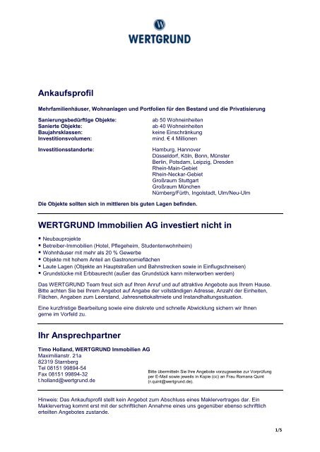 Ankaufsprofil WERTGRUND Immobilien AG investiert nicht in Ihr ...