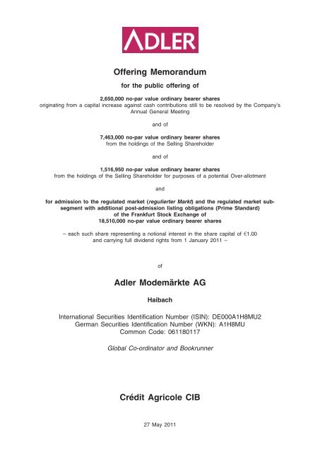 Offering Memorandum Adler Modema¨rkte AG Cre´dit Agricole CIB