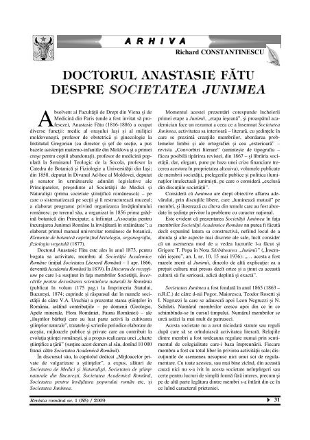 DOCTORUL ANASTASIE FĂTU DESPRE SOCIETATEA JUNIMEA