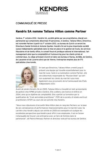 Kendris SA nomme Tatiana Hilton comme Partner