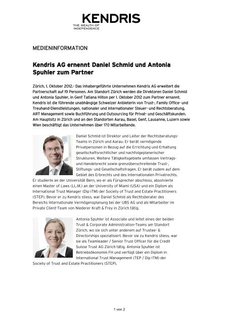 Kendris AG ernennt Daniel Schmid und Antonia Spuhler zum Partner