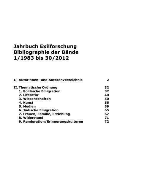 Jahrbuch Exilforschung Bibliographie der Bände 1/1983 bis 30/2012