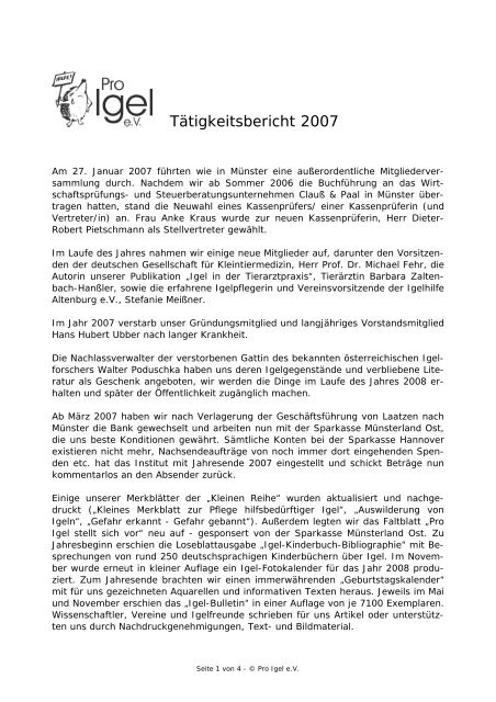 Tätigkeitsbericht 2007 - Pro Igel