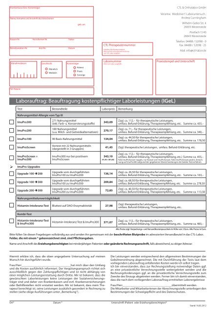 Laborauftrag: Beauftragung kostenpflichtiger Laborleistungen (IGeL)