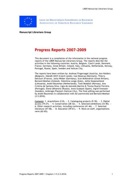 Progress Reports 2007-2009 - LIBER Manuscript Librarians Group ...