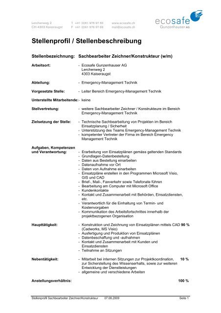 Stellenprofil / Stellenbeschreibung - ecosafe Gunzenhauser AG