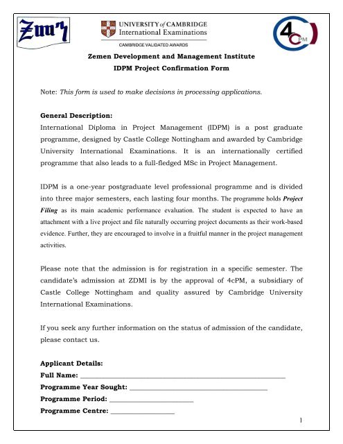 1 Zemen Development and Management Institute IDPM Project ...