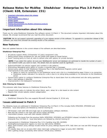 SiteAdvisor Enterprise Plus 3.0 Patch 3 Release Notes - McAfee