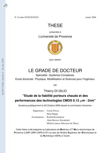 Etude de la fiabilité porteurs chauds et des performances des ...