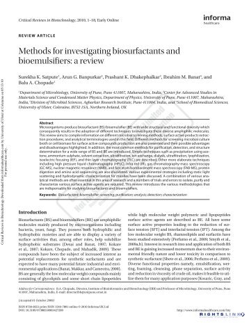 Methods for investigating biosurfactants and bioemulsifiers - Ulster ...