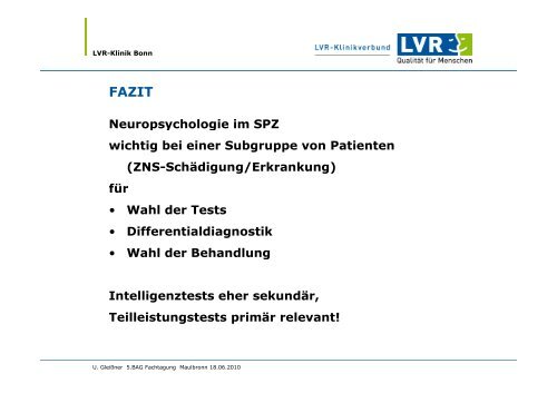 Stellenwert neuropsychologischer Diagnostik für die psychologische ...