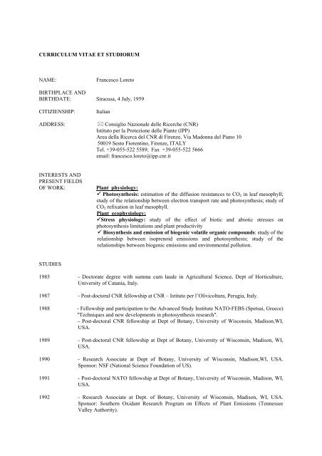 Curriculum Vitae Et Studiorum Istituto Per La Protezione Delle Piante