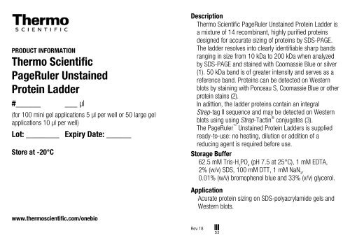 PageRuler Unstained Protein Ladder Product ... - Thermo Scientific