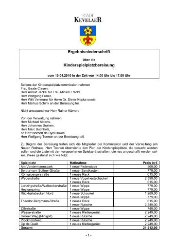 Ergebnisniederschrift der Kinderspielplatzbereisung - Stadt Kevelaer