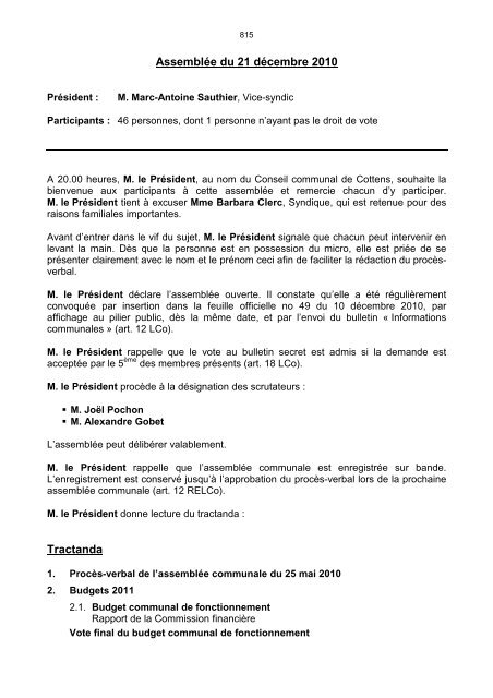 PV de l'assemblée communale du 21 décembre - Cottens