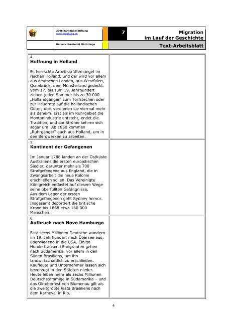 7 Migration im Lauf der Geschichte Lehrerseite - Karl Kübel Stiftung