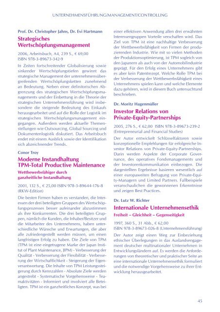 Wirtschaftsliteratur Gesamtverzeichnis 2009 - Verlag Wissenschaft ...